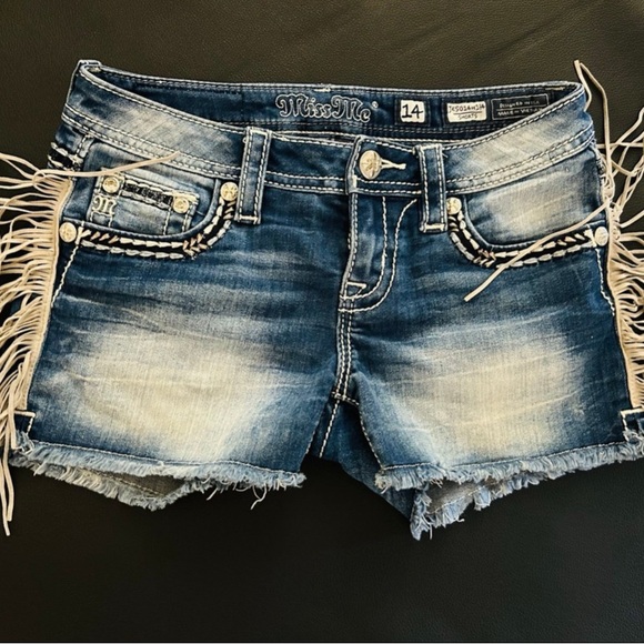Miss Me Blue Denim Fringe Shorts - Picture 1 of 4